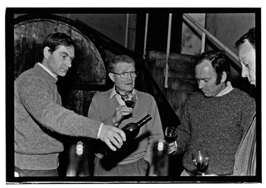 Tempier tasting, Jean-Marie, Lucien, Francois {eyraud, and Richard Olney-1983-web.jpg